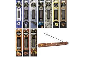 Ambar Perfums Inciensos de Varillas perfumadas con aceites Naturales. 60minutos duración por Varilla. 200 Varillas en Total. Pack 10 Aromas + Porta Incienso