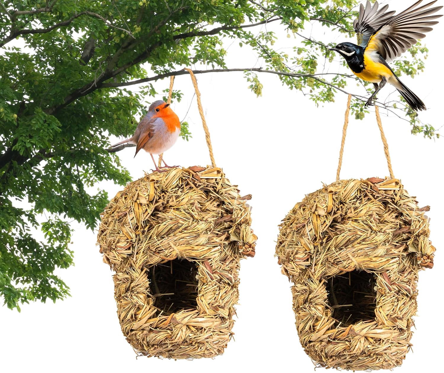 BESCH Pack 2 Nidos para Pájaros Pequeños de Hierba Natural 16x16x19cm Tejado Plano - Casita de Pajaro Colgante Exterior - Casa Pajaro Jardín