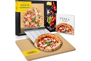 AMZBBQ® Premium Pizzastein - 100% Made in Germany - für Backofen & Gasgrill bis 1300°C - 3er Set inkl. Edelstahl Pizzaschieber & Rezeptbuch