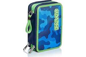 Seven Federmäppchen, Mäppchen, Mehrfarbig, Federtasche für Schreibwaren, Etui mit Stiften, Kugelschreiber, mit 3 Fächern, Mädchen und Jungen, Schule - Grundschule, XXL Delft blau-grün