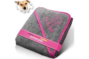 FeelTheWau Hundehandtuch kleine Hunde - Hundehandtuch Extra saugfähig - Für Waschmaschine und Trockner - Hunde Handtuch mit Taschen - Beliebtes Geschenk Hund - Design grau pink - 90x50 cm