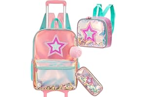 HTgroce 16 inch Sac a Dos Roulette Fille Cartable a Roulette Fille Maternelle Sac à Lunch et étui à Crayons Inclus, Parfaits pour les Enfants qui Vont à l'école et qui Voyagent.