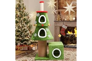 BYBYME 144cm Tall Cat Tree,Christmas Tree Shape Cats Tower, Sturdy Cat Furniture Set With Cat House, Hanging Toys, Scratching Sisal-Covered Posts, Multi-Level Kitten Activity Trees（60 * 48 * 144cm）