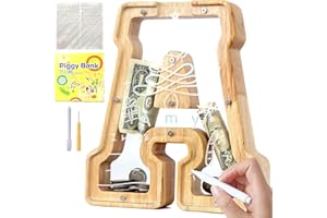 Lakpopya Salvadanaio in Legno per Bambini Personalizzato A-Z - Apribile Trasparente per Decorazione Regalo Battesimo (A)