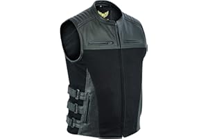 Leatherick Warrior dżinsowa i skórzana kamizelka motocyklowa z kieszeniami na pistolet i perforowane panele