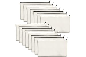 VANTASII Pack de 15 Sacs en Coton Vierge Artisanat Sachets à Fermeture éclair Trousse de Maquillage pour Rangement Fixe des Cosmétiques (Blanc cassé, Fermeture éclair Noir foncé, 21 x 12 cm)