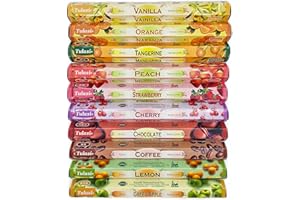 ‎GERILEO Pack 12 Schachteln mit natürlichen süßer und fruchtiger Räucherstäbchen – 6 verschiedene Düfte - Zimt, Vanille, Kokosnuss, Apfel und mehr – Zuhause, Meditation, Yoga, spirituell – 240 Stäbchen