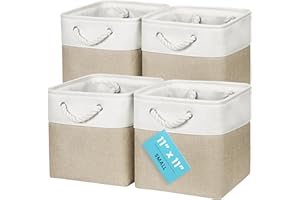 OrganiHaus Bacs de Rangement Cubiques 28x28 lot de 4, Paniers Cubes en Tissu avec Poignées en Corde, Cubes de Rangement Pliables pour Bibliothèque Kallax, Panier pour Chambre d'enfant. Beige/Blanc