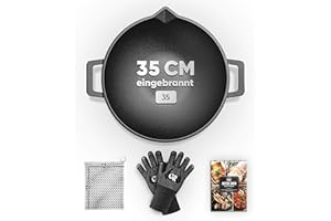 Gusskönig Gusseisen Wok Pfanne - 35 cm robuste Wokpfanne für Gasgrill, Herd, Ofen und Lagerfeuer - Gusseisen Wokpfanne inklusive Edelstahl Ringreiniger, Grillhandschuhe & Rezeptbuch