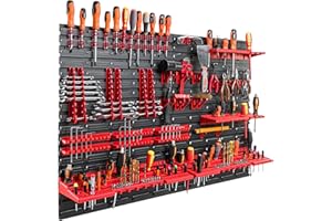 botle Estantería de pared con sistema de almacenamiento de herramientas 115 x 78 cm. Set de 58 soportes para herramientas. Portaherramientas con agujeros, estantería para taller, plástico
