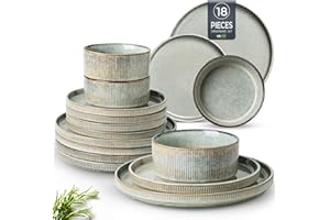 GBHOME Stoneware Dinner Sets for 6 People, 18 Pieces Reactive Glaze Handcrafted Plates and Bowls Set, Scratch Resistant Dinnerware Set, Dishwasher & Microwave Safe Crockery Set (Desret Sage, Set of 18)