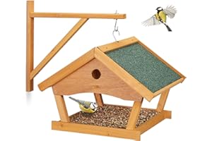Relaxdays Casetta per Uccellini, Mangiatoia in Legno Dispenser di Mangime da Esterno, Decorazione da Giardino, Naturale