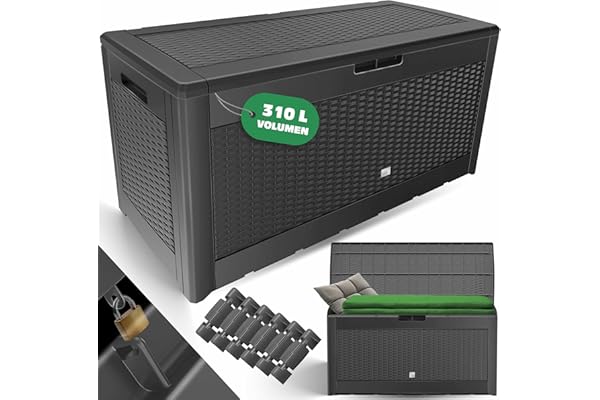 KESSER® Caisse de Rangement | Coffre à Coussins 310 litres avec roulettes, Couvercle Rabattable, poignées, en Plastique façon rougein | Coffre de Jardin | Coffre de Rangement