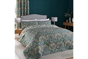 Dreams & Drapes - Teal Jacobean Bedspread (230cm x 200cm) - Soft Touch - Microfibre - Damask Bedspread in Teal - Persian Bohemian Quilted Bedspreads - Exotic Floral Blanket/Bed Cover for Bed