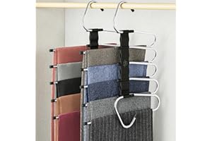 MORALVE Trousers Hangers Space Saving - 2 Pack - Non-Slip Multi-Layer Space Saving Hangers - Multifunctional Clothing Rack for Closet Storage - Ideal for Jeans, Pants, Skirts, Scarves & Slacks (Black)