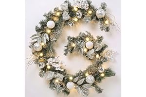 Valery Madelyn 183CM/6ft Weihnachtsgirlande mit 20 LED Timer, künstliche Tannengirlande Weihnachtsdeko, mit Kugeln Bogen für Treppe Tisch Kaminsims Haustür,Silbern Weiß