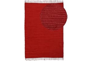 ‎CARPETFINE carpetfine Flickenteppich Kelim Chindi Uni Rot 60x90 cm, handgewebt | Fleckerlteppich aus Baumwolle für Wohnzimmermit Fransen