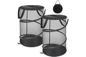 YIESEANG Faltbarer Wäschekörbe mit Deckel, Pop-Up Mesh Laundry Baskets, Tragbar Wäschekörbe Schwarz aus Netzstoff,Wäschekörbe mit Henkel für Camping,Reisen,Kleidung,Kinderzimmer Organizer,2 Stück,32x32x50cm