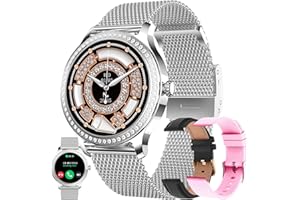 MYSHUN Smartwatch Damen mit Telefonfunktion, 3 Uhrenarmbänder, 1.28" AMOLED Uhren Fitness Tracker mit Schlafmonitor, SpO2, Menstruationszyklus, 100+Sportmodi Diamant Smart Watch für IOS/Android