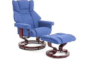 Blisswood Recliner Chair With Footstool, Swivel Recliner Sofa Chair Armchair Lounge 135° Reclining High Back Ergonomic Couch Bed Upto 160kg Weight Capacity With Tilt For Living Room (Dark Blue)