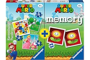 Ravensburger - Multipack Super Mario, Memory® 48 Cartas + 3 Puzzle Niños de 25/36/49 Piezas, 4+ Años