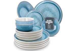 PURE LIVING INTERIOR DESIGN 18 Piece Dinner Sets for 6 People - Beautiful Mediterranean Style Stoneware Dinner Set for 6 - Dishwasher & Microwave Safe Plates and Bowls Set for 6 - Dinnerware Sets by Pure Living in Light Blue