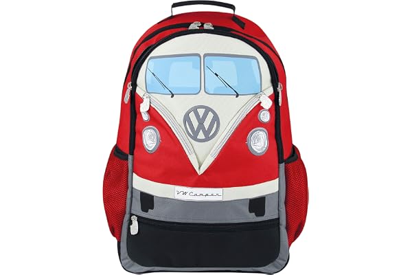 BRISA VW Collection - Sac à dos de randonnée et d'école pour ordinateur portable au design Combi T1 (30 L/Grand/Avant du Combi/Rouge)