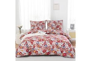TOCOMOA 2-częściowy komplet pościeli, wzór kwiatowy, czerwona poszwa na kołdrę 135 x 200 cm i poszewka na poduszkę 80 x 80 cm, z zamkiem błyskawicznym