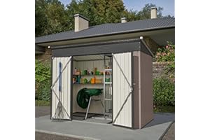 Gegtuon Metall Gerätehaus 229x111x182 cm, Geräteschuppen Gartenhaus mit Satteldach, Gartenschrank mit 2 Türen & Stauraum Regal, Wetterfest Outdoor Schuppen Gartenschuppen für Garten Terrasse, Braun