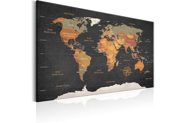 B&D XXL Cuadros Tableau en Liège Monde 120x80 cm - Tableau d'Affichage Mappemonde Cadre en Bois Grande Décoration Murale pour Bureau Maison - Carte de voyage style vintage k-C-0048-p-c