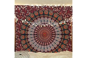 Bless International Indischer Hippie Bohemian Psychedelic Peacock Mandala Wandbehang Bettwäsche Tapisserie (Golden Red Green, Twin (137x182Inches) (140x185cms))