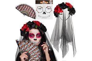 Cindeer Accessori per Costume del Giorno dei Morti da Donna Corona Floreale di Rosa Cerchietto con Velo Messicano Ventaglio Pieghevole con Teschio di Zucchero Gemme per il Viso per Halloween