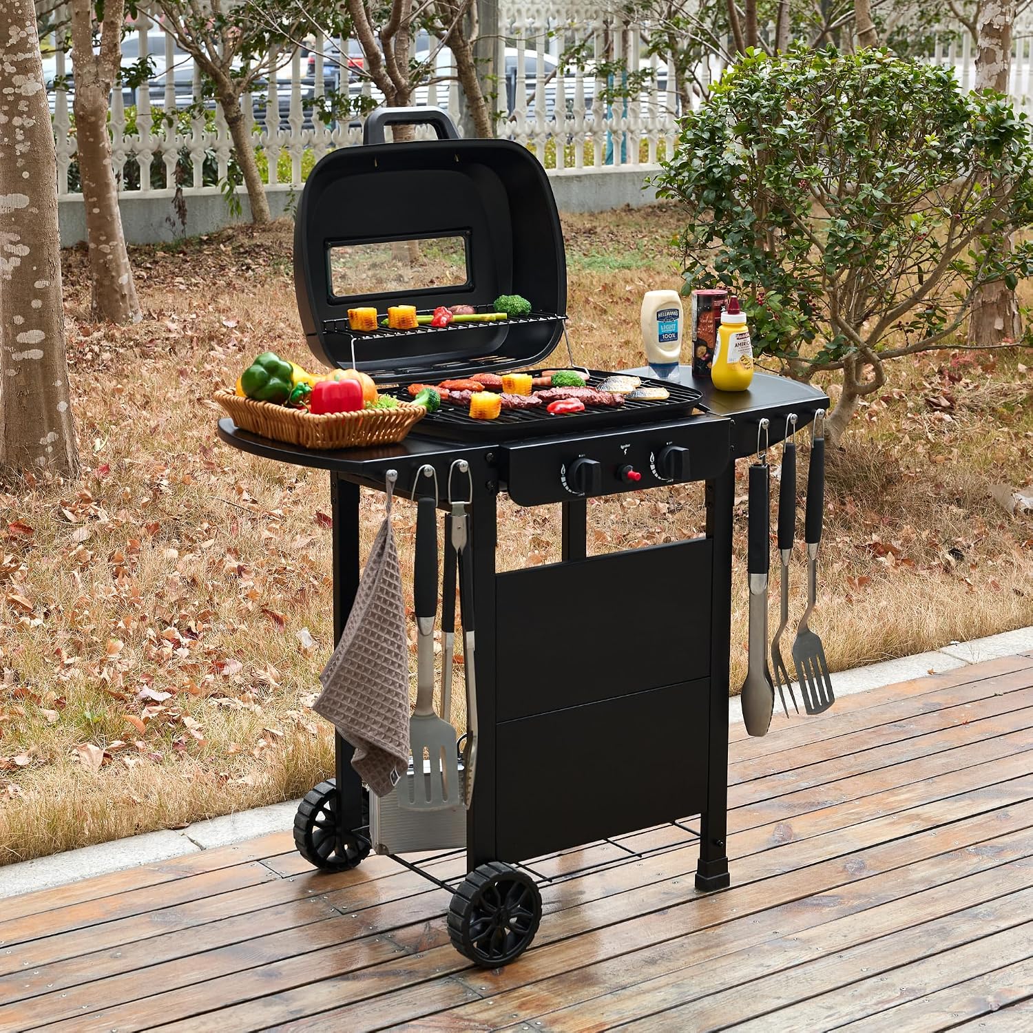 2 Burner Gas Grill BBQ including Cover, Lid and Lava Rock, Foldable Side Tables, Generous 47 x 37cm Cooking Area, Perfect for Outdoor Cooking