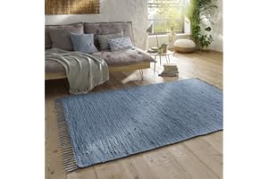 Taracarpet Handwebteppich Läufer Fleckerl Teppich Uni waschbar aus Baumwolle für Wohnzimmer und Küchenteppich 140x200 cm blau