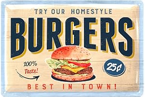 LANOLU Blaszane tabliczki w stylu retro do kuchni – Burgers – blaszana tabliczka grillowa – dekoracja retro vintage – miejsce na grill, ogród, bar, dekoracja kuchni – metalowe tabliczki 20 x 30 cm