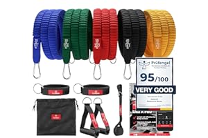 BEMAXX Zestaw taśm oporowych z eBookiem treningowym | Taśmy do ciężkich obciążeń: 5 lateksowych sznurków treningowych + uchwyty, kotwica drzwi paski kostki trening całego ciała gimnastyka sport