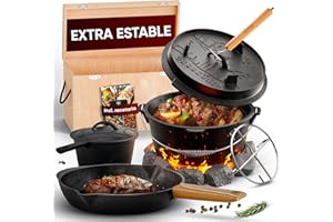 GUSSKÖNIG Horno holandés de 8 piezas – Juego de ollas de hierro fundido ya quemadas – sartén, olla para barbacoa, elevador de tapa, posavasos y protector de mango de piel auténtica, incluye libro de