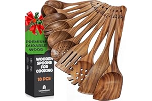 WOODENHOUSE Wooden Utensil Set - 10 Pcs Teak Wooden Spoon Kitchen Utensils Set for Nonstick Pans & Cookware. Non-Scratch, Heat Resistant, Comfortable Grip. Includes Cooking Spatula
