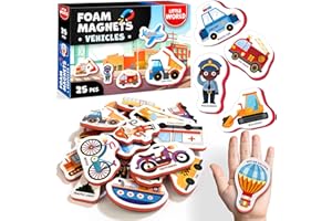 Little World 25 Fridge Magnets for Kids 1-3 years – Safe, Durable, Waterproof, Foam Toddler Fridge Magnets with Colorful Gift Box, Non-Toxic Vehicles and Professions Magnets for Children and Babies
