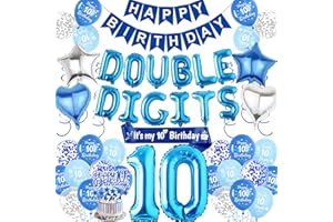 Aurmonigo Blue 10th Birthday Decorations for Boys - 77 Pieces Double Digits Theme Includes Banner, Number 10 Foil Balloons, Hanging Swirls, It’s My Birthday Sash