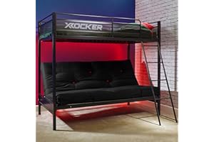 X-Rocker Stronghold 3ft Single & 4ft6 Double, High Sleeper Bunk Bed - Sleeps 3, Futon Sofa, Fixed Ladder, Sturdy Metal Frame for Kids & Teens - Black - 90x190cm