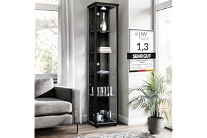 ‎K-MÖBEL K-Möbel Glasvitrine Stehend (176x37x33cm) - Made in Germany - Vitrinenschrank Schwarz mit 4 höhenverstellbaren Glasböden & LED - Vitrine Glas stehend - Glasschrank - Display Cabinet