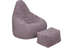 Loft 25 Adult Highback Bean Bag Chair | Corduroy Fabric Indoor Living Room Gaming Beanbag Lounger | Internal Liner | Ergonomic Design for Body Support (Bean Bag + Footstool, Mink)