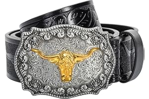 JowTreex Western Leather Buckle Belts - Cowboy Longhorn Bull Pattern Buckle Belt Floral Engraved Buckle Belt for Men Women