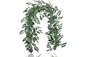 Falflor 2Pcs Greenery Garland 6.5Ft Artificial Eucalyptus Garland and 6.5Ft Willow Leaves Plants Table Runner Fake Vine for Wedding Home Decor(2Pcs)