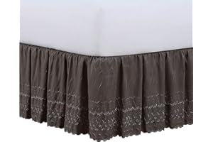 Fresh Ideas Ruffled Eyelet Bed Skirt Dust Ruffle with Gathered Styling and Embroidered Details, 14" Drop Length Klassisches 35,6 cm langes Gerafftes Design, Polyester, grau, Queen