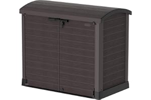 Duramax Cedargrain StoreAway 1200L Abri de jardin en plastique / couvercle arc, Abri pour poubelles, Cache poubelles, Coffre de poubelle, Idéal pour les 2x 240L poubelles, 145x85x125 cm, Marron