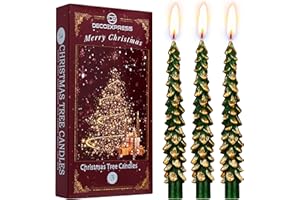 Deco Express Vela Arbol Navidad, Decoración de Navidad Casa, Pack de 3 Velas Decorativas Originales, Larga Duracion 7 Horas, Regalo Mujer (Verde/Oro 3 Pcs)