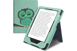 kwmobile Custodia Compatibile con Kobo Clara HD - Case Custodia Ecopelle Cover con Chiusura Magnetica Autosleep Leggio Cinturino Portatessere - Civetta dormiente turchese/marrone/menta