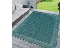 TT Home Outdoor Rug Garden Rug Unicoloured Border Modern, colour: Teal Turquoise Blue, Size:80x150 cm